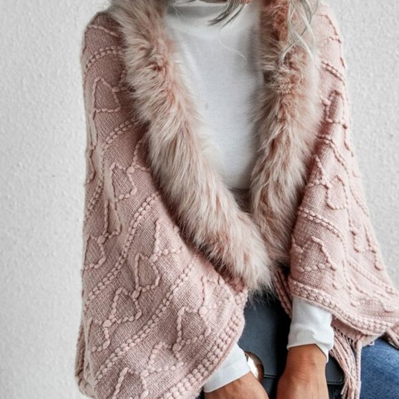 pink vegan fur fringe detail open front cardigan - Picture 2 of 6